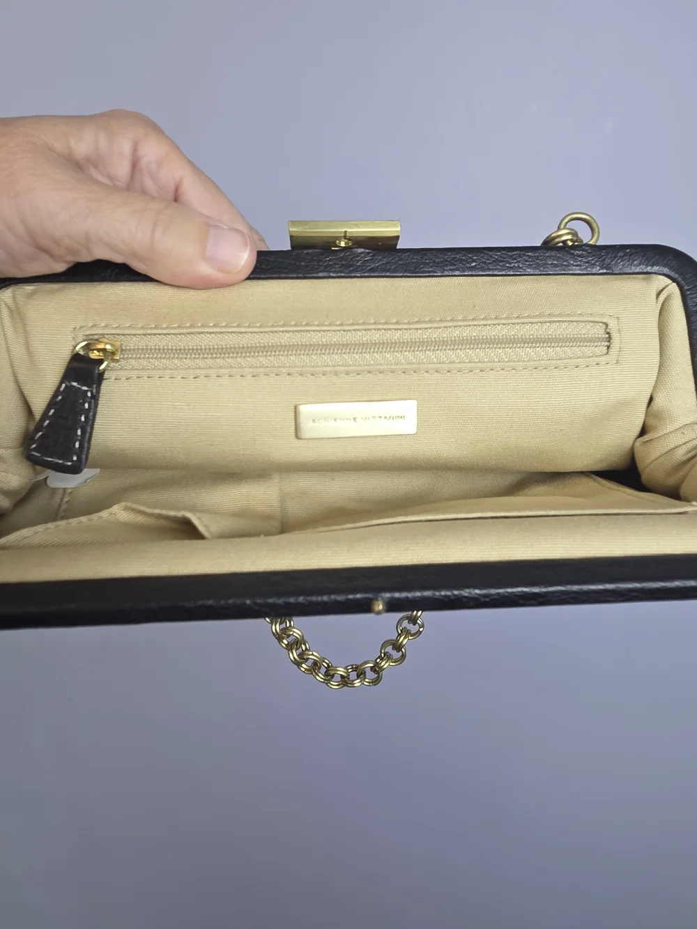 VTG Adrienne Vittadini Black Leather Clutch Gold Chain Studs 90s Retro Edgy NWOT